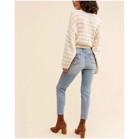 Driftwood x Free People Women’s Sz 28 Embroidered Gizelle Denim Jeans Stretch - Picture 2 of 14